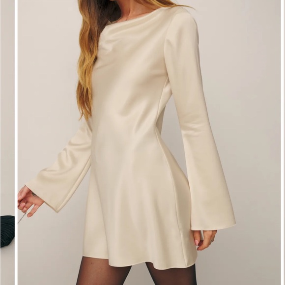 Reformation Pike Satin Cream Long Sleeve Dress - Picture 5 of 8